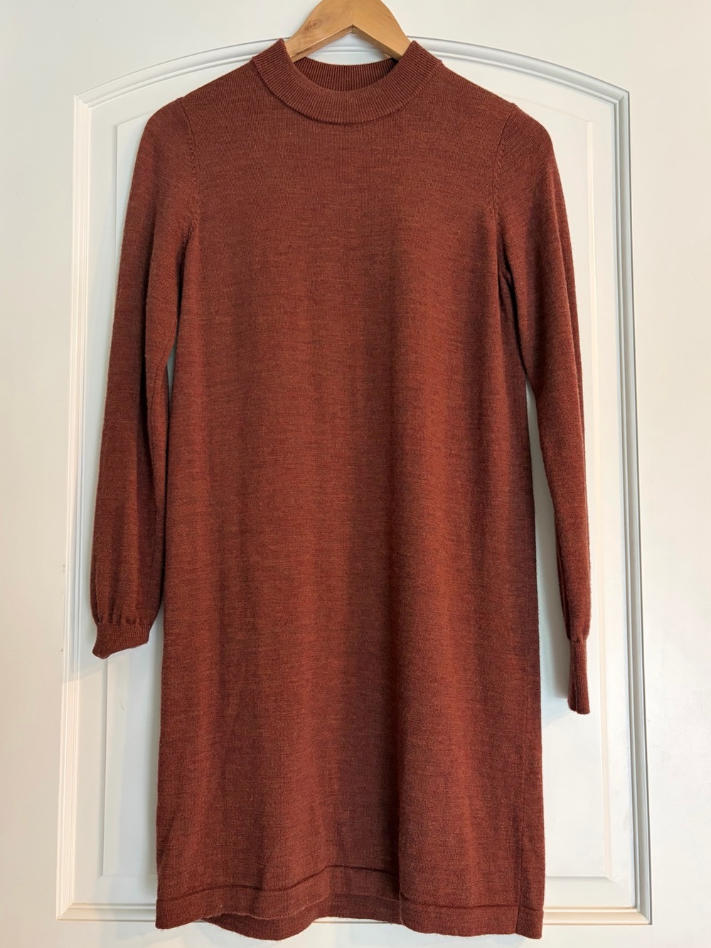 Frank And Oak Rust Brown Merino Wool Knit Sweater Dress Crew Neck Long Sleeve XS